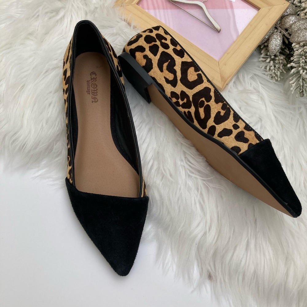 Crown Vintage Noelle Flat Black Suede & Leopard Size 6
